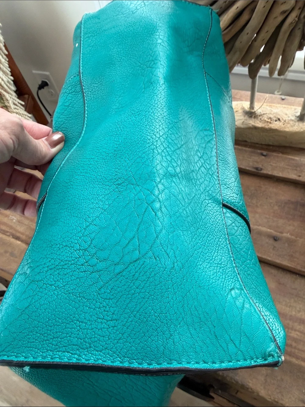 Sofia Vitali Teal Faux Leather Tote with brown Handles